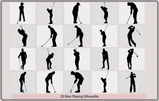 hombre jugando golf, negro bosquejo golfista, un conjunto de golfista Deportes personas jugando golf en varios poses vector