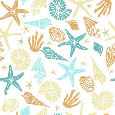 Sea shells and starfish seamless pattern. Cartoon style texture for textile, paper. Hand drawn doodle beach shells, mollusk. Cute ocean background.