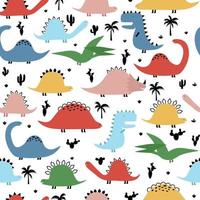 Seamless pattern with cute dinosaurs, palms and cacti for children print. vector