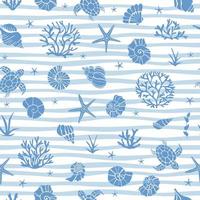 Blue seamless pattern with underwater life objects - seashells, starfish, corals, algae and sea turtles. vector