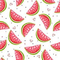 Sweet watermelon on hearts with black seed. Summer seamless pattern. Bright print for fabric, summer clothes vector