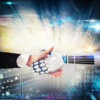 Handshake between human and robot. 3D Rendering photo