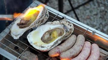 Close up oyster beside sausage on steel grill video