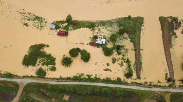 Aerial top down view flood at wooden house video