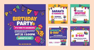 Happy birthday greeting card and party invitation set, vector illustration, set of 5 Birthday Post