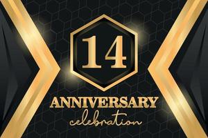 14 Years Anniversary Logo Golden Colored vector design  on black background template for greeting