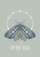 Mystic Moon moth card. Vector illustration hand drawn