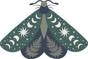 Celestial butterfly vector illustration. Mystical luna moth with moon phases. Magic floral insect on white background. Design for boho poster, card, madical t shirt print, tag, sticker.