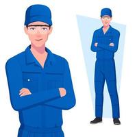 Mechanic Arms Folded In Standing Pose, Character wearing Blue Overalls with Cap vector