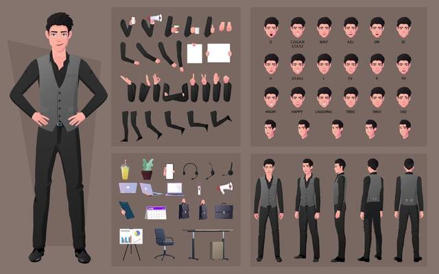 Character Creation Kit or DIY Set with Business Man In Formal Clothing, Face Gestures, lip sync, Office Items and Body Parts
