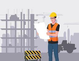 Architect or Engineer on Job Site Holding Construction Plan, Man on Construction Site Illustration. vector