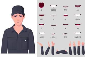 Engineer Character Mouth Animation and lip sync, with Hand Gestures and Face Emotions. Character wearing overall Illustration vector