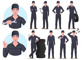 Auto Mechanic Engineer Cartoon Character Set With Different Poses and gestures Vector Illustrations
