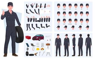 Auto Mechanic Character Creation Set, Mechanical Engineer Pack with Tools, Gestures and Face Expressions. vector