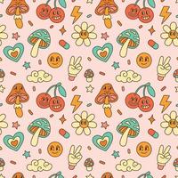 Retro 70s psychedelic seamless pattern. Cartoon funky groovy hippie background with flowers, cherries and mushrooms vector