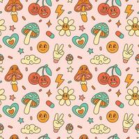 Retro 70s psychedelic seamless pattern. Cartoon funky groovy hippie background with flowers, cherries and mushrooms vector