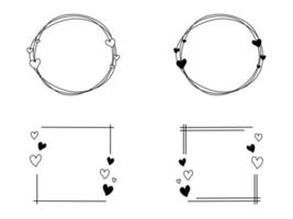 Set of vector graphic circle and rectangle frame. Wreaths for design, logo template. Branches, dots, hearts.