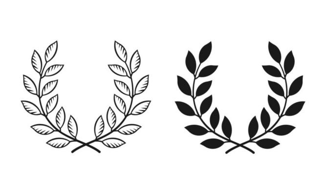 Set black silhouette circular laurel foliate, depicting an award, achievement, heraldry, nobility on white background.