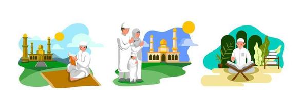 Flat Design Illustrations of People Praying and Reading Quran in the Mosque vector