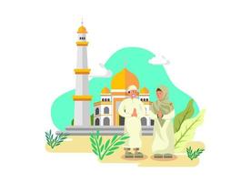 Flat Design Illustration of a kids Apologizing to His Mother in Front of a Mosque vector