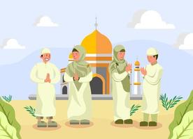 Flat Design Illustration of a Child Apologizing to His Mother in Front of a Mosque vector