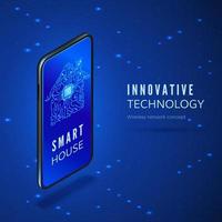 Mobile phone with smart house interface application. Circuit building silhouette on smartphone screen isometric banner. Vector illustration