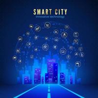 Smart city or IOT concept. Road leading to city landscape in blue color and global web with smart systems icons on background. Vector illustration