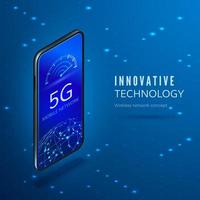 5G concept. Fifth generation mobile wireless network isometric banner. Smartphone with arrow moving to maximum on data transfer rate scale. Vector illustration