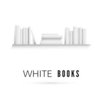 Mockup of bookshelf with blank white books on wall. Realistic stack of paper books. Vector illustration