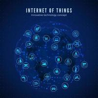 Internet of things. IOT concept. Global network connection. Monitoring and control smart systems icons on global network and map background. Vector illustration