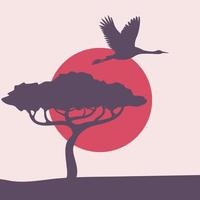 tree and flying bird vector