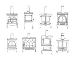 Set of hand drawn fireplace stoves in a doodle style isolated on white background. vector