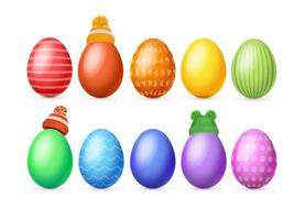 Realistic Detailed 3d Different Color Easter Egg and Knitted Hat Set. Vector