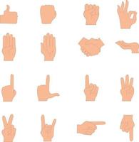 manos actitud colocar. manos posa mano participación y señalando gestos, dedos cruzado, puño, paz y pulgar arriba. mano firmar grande conjunto vector