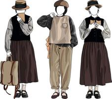 japonés muchachas ropa estilo para el calles con un sombrero y largo falda vector
