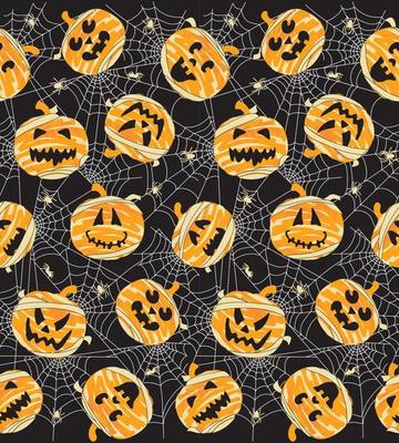 Seamless Pattern of Halloween Pumpkin Mummy with Spider Web- Halloween Vector Illustration