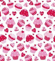 Seamless Pattern of Valentine's Cupcakes with Red and Pink Hearts vector