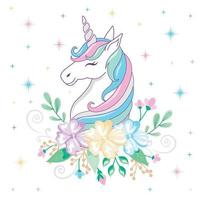 Cute Colorful Unicorn with flowers  and Stars- Unicorn vector illustration