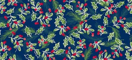 Seamless Pattern of Christmas Holly leafs, Mistletoe, and Berries-Christmas Vector Design