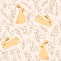 Easter pattern with bunnies, Easter eggs and plant sprigs vector