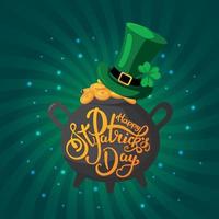 Happy St. Patrick's Day greeting card with a hat and a pot of gold. vector