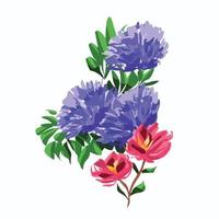 Beautiful abstract purple hydrangea flowers and pink flower with green leaves vector illustration isolated on plain square white background. Botanical natural garden art with simple flat art style.