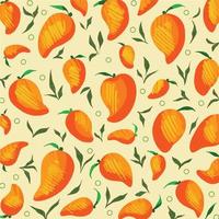 Textured summer orange mango fruit pattern vector background isolated on square yellow template for social media post, scarf and paper or fabric textile print, poster, greeting card, wrapping paper.