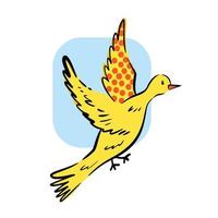 Funky yellow colored flying bird with orange polka dots decoration vector illustration isolated on square white template with light blue square decoration as sky. Cartoon outline simple flat art style