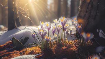 The first spring flowers, crocuses in a forest with snow background also have copy space for text photo