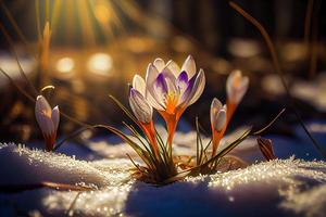 The first spring flowers, crocuses in a forest with snow background also have copy space for text photo