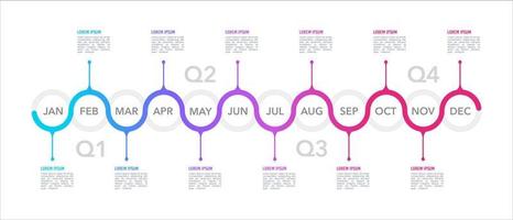 Business infographic template 12-month timeline to success. Business presentation 4 quarters. Presentation Roadmap Milestone. Vector illustration.