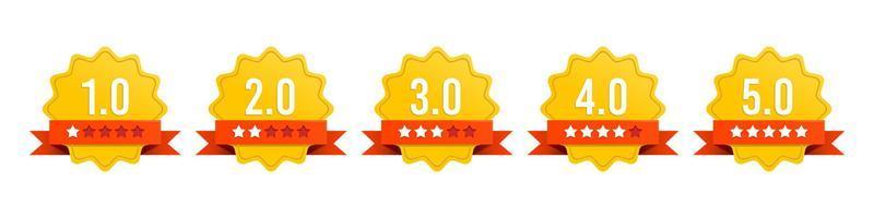 Set of gold badge with red ribbon rating stars. Feedback or ranking. Premium rating. Vector illustration.