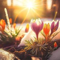 The first spring flowers, crocuses in a forest with snow background also have copy space for text photo