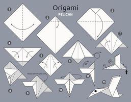 Tutorial origami scheme with Pelican. isolated origami elements on grey backdrop. Origami for kids. Step by step how to make origami pelican. Vector illustration.